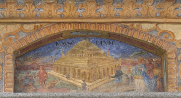 Fresco World Wonder Mausoleum Halicarnossus at the Miracle Fountain, 1508, in the inner courtyard of Neustift St Margarethen Monastery, Vahrn, district of Bolzano, South Tyrol, Italy