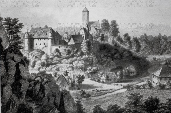 View in the Middle Ages of Aufseß Castle, Aufsess, in the district of Bayreuth, Upper Franconia, Bavaria, Germany, digitally enhanced reproduction of a 19th century original, historical, exact date unknown