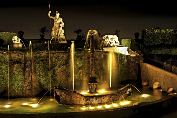 Fontana della Rometta e di Roma, Renaissance garden of the Villa d'Este, water features, fountains, atmospheric illumination at night, UNESCO World Heritage Site, Tivoli, metropolitan city of Rome, Lazio, Italy