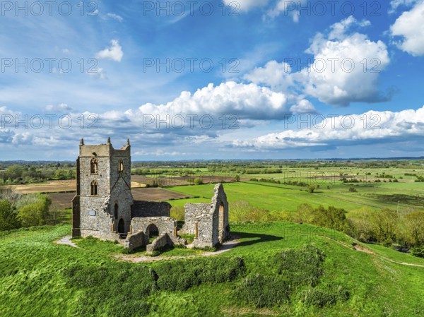 Burrow Mump from a drone, Southlake Moor, Burrowbridge, Taunton, Somerset, England, United Kingdom