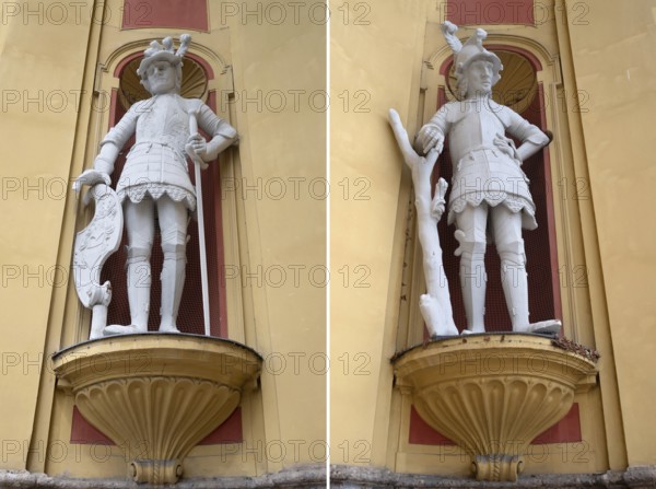Two sculptures, the giant Haymon founder of the monastery and his opponent the giant Thyrsus, legendary figure at the entrance portal of Wilten Abbey, Klostergasse 7, Wilten, Innsbruck, Austria