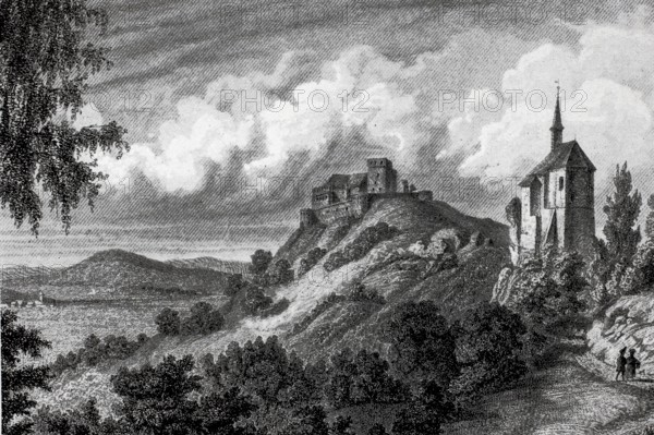 Giechburg and the Gügel church near Scheßlitz in the Middle Ages, Bamberg district, Upper Franconia, Bavaria, Germany, digitally enhanced reproduction of a 19th century original, historical, exact date unknown