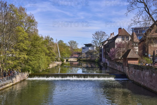River Pegnitz, weir, general development, trees, pedestrian bridge, blue sky, cirrostratus clouds, Cinecittá Bridge, Vordere Insel Schütt, wasp nest, Nuremberg, Middle Franconia, independent city, Bavaria, Germany
