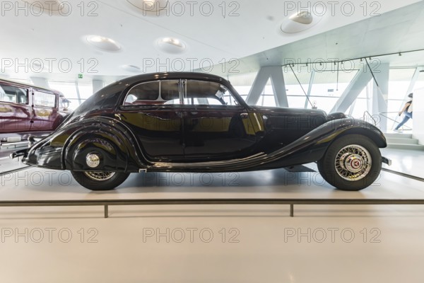Mercedes-Benz 320 streamlined saloon from 1939. The Mercedes-Benz Museum in Stuttgart presents a journey through the automotive history of the global corporation. The history of the Mercedes star begins with the first automobile in 1886. Stuttgart, Baden-Württemberg, Germany