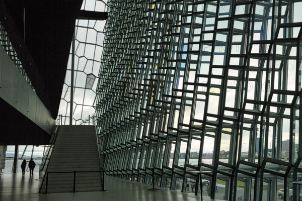 Harpa Concert Hall, interior view with staircase and glass façade, architect Henning Larsen, façade by artist Ólafur Elíasson, Reykjavík, Iceland