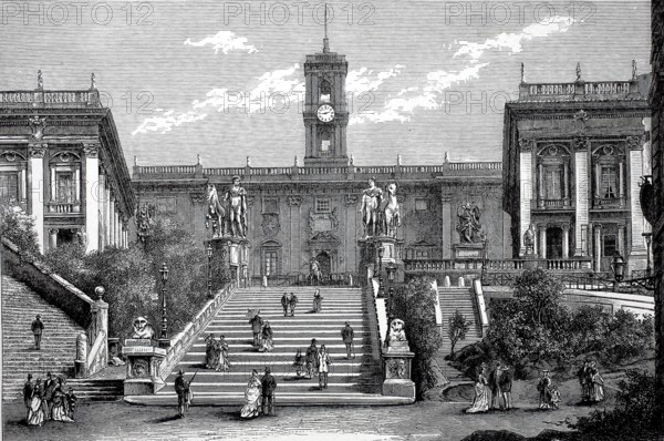 The Capitol Square, Piazza del Campidoglio, c. 1800, Rome, Italy, Historical, digitally restored reproduction of a 19th century original