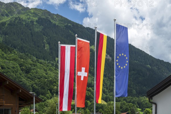 National flags Austria, Switzerland, Germany and Europe, Schruns, Austria