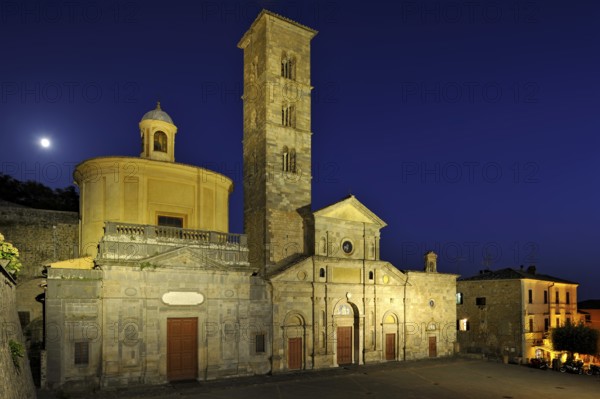 Basilica of St Christina, Basilica di Santa Cristina, Middle Ages and Renaissance, blue hour, rising moon, nocturnal illumination, Piazza Santa Cristina, old town centre, Bolsena, Province of Viterbo, Lazio, Italy