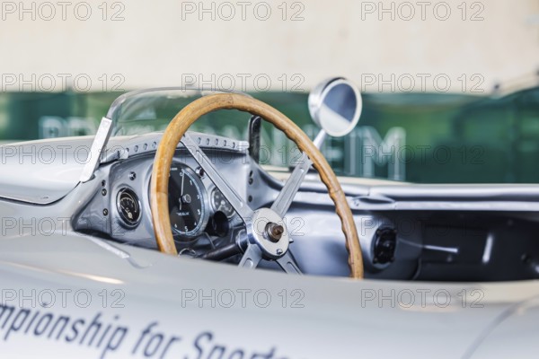 Mercedes-Benz racing car fast transporter from 1955 with 300 SLR racing car. The Mercedes-Benz Museum in Stuttgart presents a journey through the automotive history of the global corporation. The history of the Mercedes star begins with the first automobile in 1886. 160 vehicles are on display. Stuttgart, Baden-Württemberg, Germany
