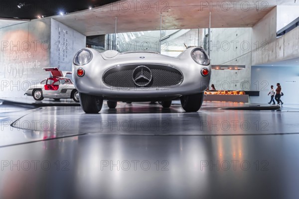 Mercedes-Benz 300 SLR Uhlenhaut Coupé from 1955. Two examples were built, one was auctioned. With proceeds of 135 million euros, it is the most valuable car in the world. The Mercedes-Benz Museum in Stuttgart presents a journey through the automotive history of the global corporation. The history of the Mercedes star begins with the first automobile in 1886. 160 vehicles are on display. Stuttgart, Baden-Württemberg, Germany