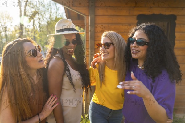 Four women wearing sunglasses are enjoying a conversation outdoors, embracing the summer vibes with smiles and laughter