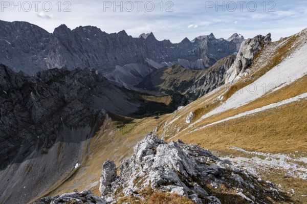 Picturesque mountain landscape in autumn, view of the rocky mountain ridge of the Hinterautal-Vomper chain, Gumpenjöchl on the Gamsjoch, Rißtal in the Eng, Karwendel, Tyrol, Austria