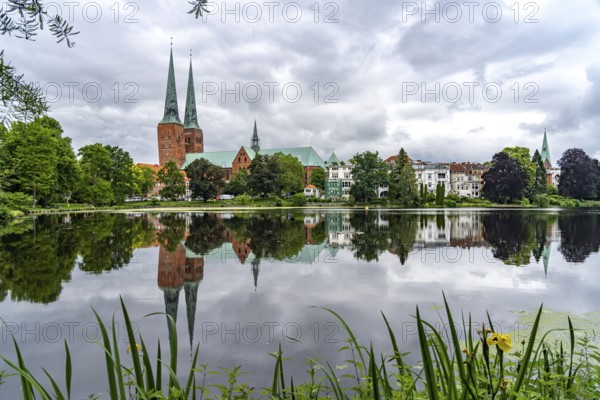 Mill pond and Lübeck Cathedral, Hanseatic City of Lübeck, Schleswig-Holstein, Germany
