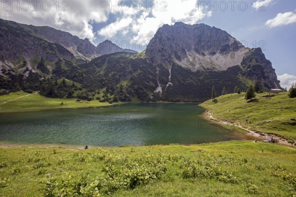 Lower Gaißalpsee, behind Rubihorn, near Oberstdorf, Oberallgäu, Allgäu Alps, Allgäu, Bavaria, Germany