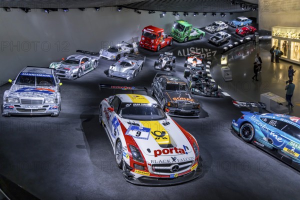 The Mercedes-Benz Museum in Stuttgart presents a journey through the automotive history of the global corporation. Myth 7: Racing cars and Silver Arrows - races and records. The history of the Mercedes star begins with the first automobile in 1886. Stuttgart, Baden-Württemberg, Germany