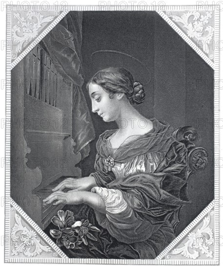 St Cecilia playing the organ, steel engraving after a painting by Carlo Dolci, historical, digitally restored reproduction of a 19th century original