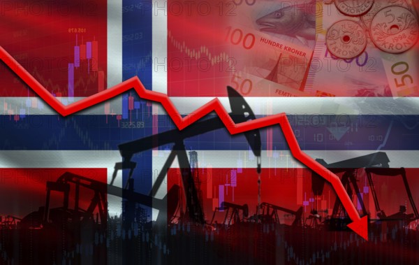 Petrol crisis with Norway flag on financial graph. Fall oil price with flag of Norway on economic chart