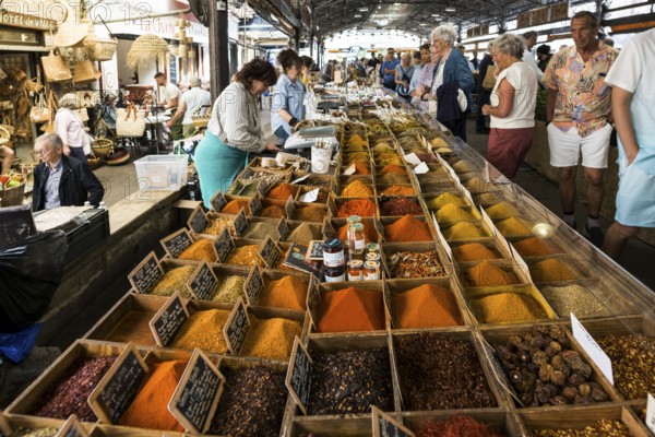 Market stall with spices, market hall, Marche Provencal, Antibes, Provence Alpes Côte d'Azur, South of France, France
