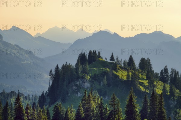 View from the Pragel Pass over the Muota Valley in the evening light, Central Swiss Alps, Canton Schwyz, Switzerland