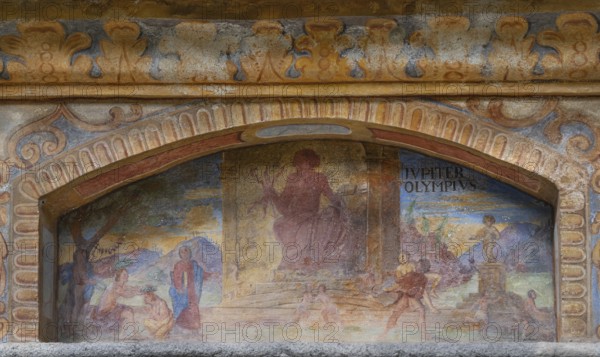 Fresco of the Wonder of the World Olympia, Phidias' statue of Zeus at the Fountain of Wonders, 1508, in the inner courtyard of Neustift St Margarethen Monastery, Vahrn, Bolzano district, South Tyrol, Italy