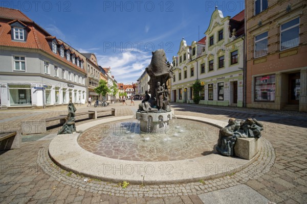Boot fountain by sculptor Vinzenz Wanitschke at Döbeln's Niedermarkt, Old Town, Döbeln, Saxony, Germany