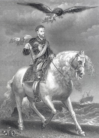 Equestrian portrait of Emperor Charles V on horseback, with an eagle hovering over the scene with a laurel wreath in its beak, steel engraving after a painting by Van Dyck, historical, digitally restored reproduction of a 19th century original