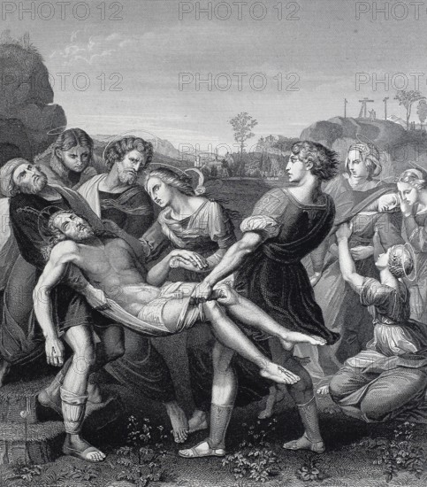 The Entombment of Christ, steel engraving after a painting by Raphael, historical, digitally restored reproduction of a 19th century original