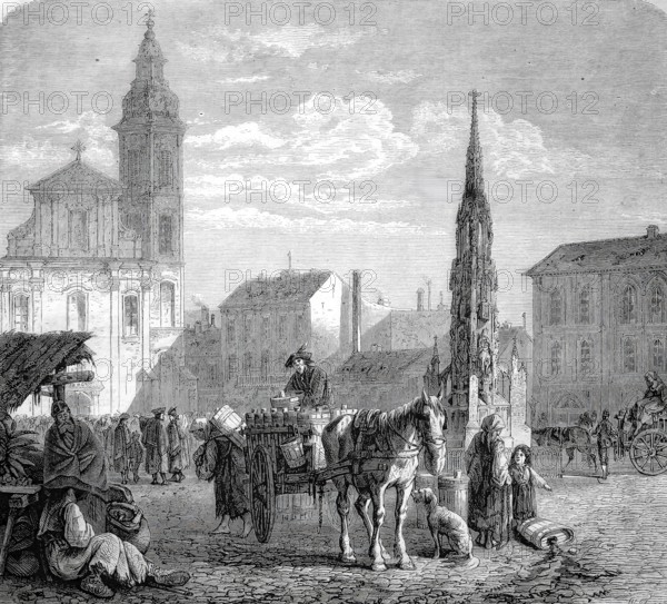 On the town square in Pest, today Budapest, Hungary, Historical, Reproduction from a model with a scene from the 19th century