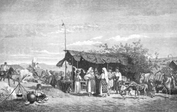 The market in Riureni in Wallachia, 1869, Romania, Historical, Reproduction from an original with a scene from the 19th century