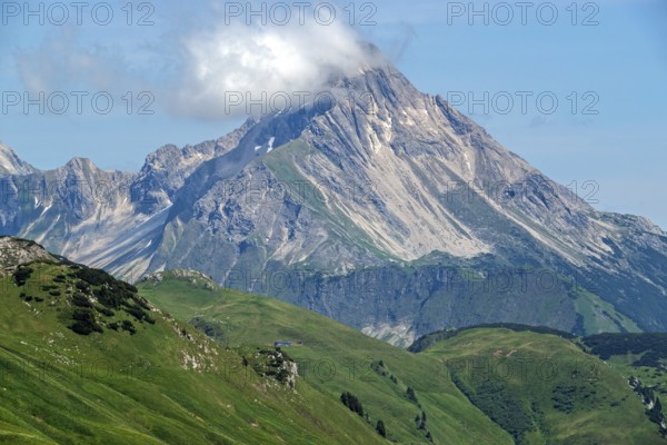 View from the Hochalp Pass, behind Biberkopf, Allgäu Alps, near Hochkrumbach, Vorarlberg, Austria