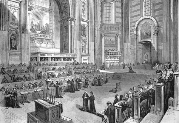 The Council Hall in the Basilica of St Peter, Basilica di San Pietro, St Peter's Basilica, Vatican Basilica, the Memorial Church of the Apostle Simon Peter, Vatican, Rome, Italy, Historic, Reproduction from a 19th century scene