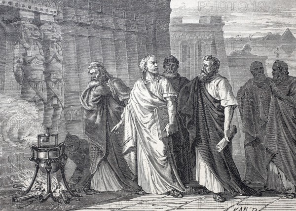 Heron of Alexandria, called Mechanicus, Greek mathematician and engineer demonstrates his rotating ball, Aeolipile, Heronsball to the Alexandrian school, ca 50.Chr., Historical, digitally enhanced reproduction of a 19th century model