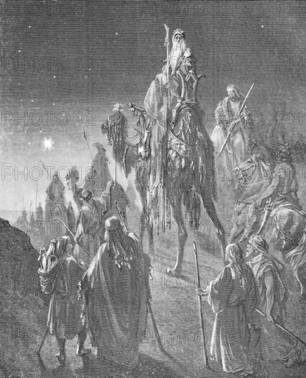 The Star of the Wise Men, Star of Bethlehem, an astronomical event mentioned in the Christmas story in the Gospel of St Matthew, Historical, reproduction from a 19th century model with a scene from the 19th century