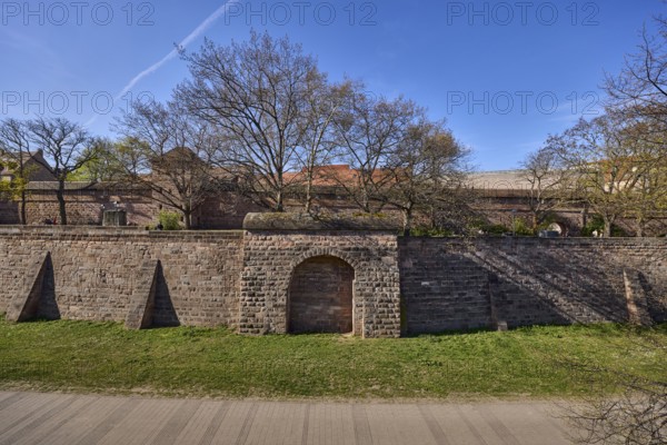 Old town, city fortification, city wall, trees, lawn, blue sky, Frauentor wall, Frauentor moat, Nuremberg, Middle Franconia, independent city, Bavaria, Germany