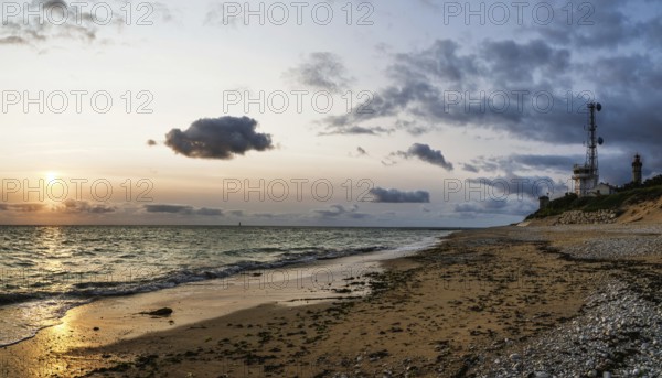 Panorama of Sunset over beach of WHALE LIGHTHOUSE, Saint-Clement-des-Baleines, Atlantic, France