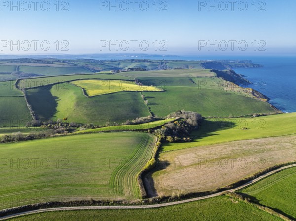 Farms and Fields over Brixham and Kingswear from a drone, Devon, England, United Kingdom