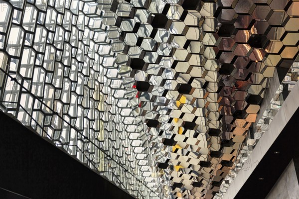Honeycomb windows, glass façade, interior view, Harpa concert hall, architect Henning Larsen, façade by artist Ólafur Elíasson, Reykjavík, Iceland