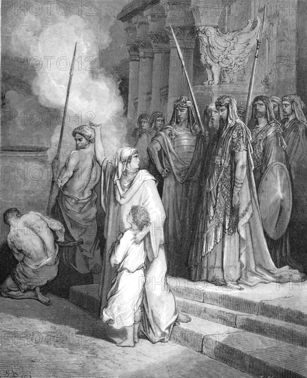 The Mother of the Maccabees, Maabees, the leaders of a Jewish uprising against the Seleucid Empire, 7 Maccabee brothers and their mother, Historical, Reproduction from a 19th-century model with a scene from the 19th century