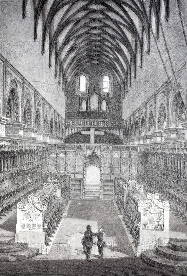 Interior, choir stalls, Maulbronn Abbey Church, 1870, Cistercian Abbey, Enzkreis, Baden-Württemberg, Germany, Historical, digitally enhanced reproduction of a 19th century model