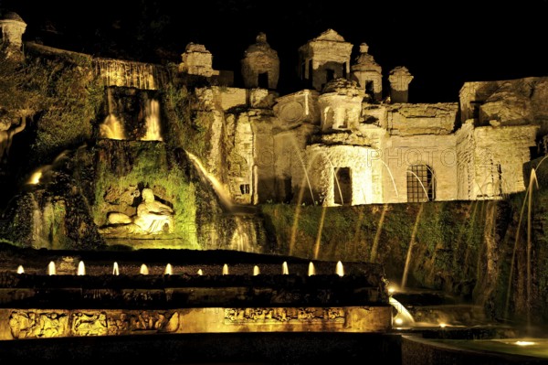 Fontana della Rometta e di Roma, Renaissance garden of the Villa d'Este, water features, fountains, atmospheric illumination at night, UNESCO World Heritage Site, Tivoli, metropolitan city of Rome, Lazio, Italy