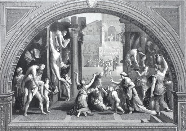 Incendio del Borgo, Fire in the Borgo, fresco by Raphael. It depicts the legend of a fire that broke out in 847 in the Borgo district of Rome and was extinguished by the prayers of Pope Leo IV, steel engraving after a painting by Raphael, historical, digitally restored reproduction of a 19th century original