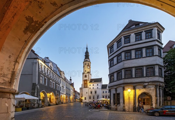 Untermarkt - Lower Market Square with the Old Town Hall Clock Tower and Waage building by night, Görlitz, Goerlitz, Germany