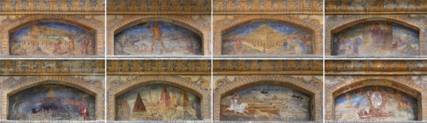 Eight fresco paintings on the Fountain of Wonders of the Eight Wonders of the World, 1508, in the inner courtyard of Neustift St Margarethen Abbey, Vahrn, Bolzano district, South Tyrol, Italy from left to right: Colossus of Rhodes, The Mausoleum in Halicarnassus Pyramids of Giza, the Hanging Gardens of Babylon, the eighth wonder of the world is Neustift Abbey itself. --
