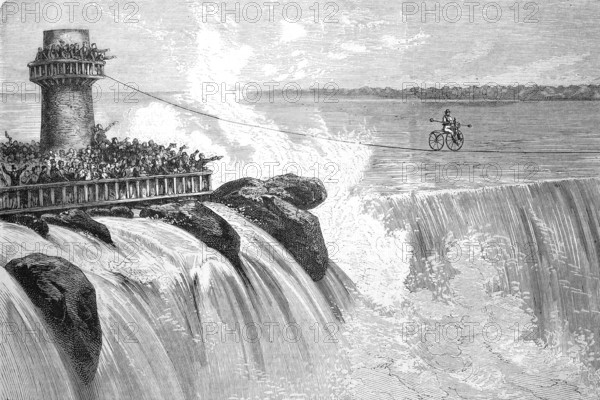 Bicycle Ride over Niagara Falls, A velocipede ride over Niagara Falls is a daring endeavour undertaken by some daredevils in the 19th century, America, Historical, Reproduction from an original with a scene from the 19th century