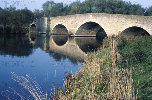 Historic arched stone bridge built 1807, River Thames, Sutton Bridge, Culham, Oxfordshire, England, 1970s