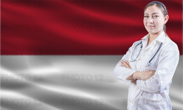 Female doctor on Monaco flag. Doctor with crossed arms on Monaco flag. Monaco health and care concept