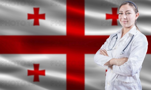 Female doctor on Georgia flag. Doctor with crossed arms on Georgia flag. Georgia health and care concept
