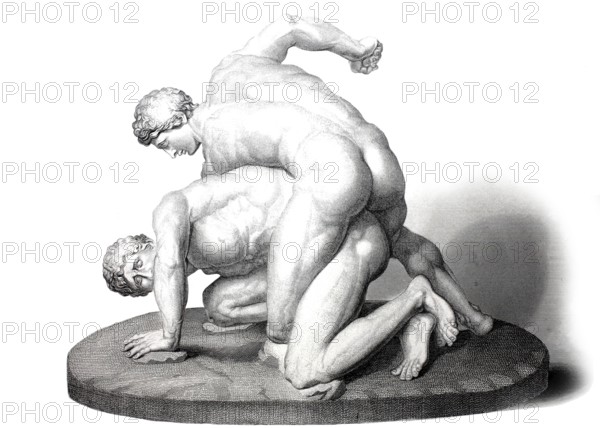 The Uffizi Wrestlers or The Two Athletes, famous Roman marble sculpture, Uffizi Gallery in Florence, depiction of a wrestling match, pankration scene, an ancient Greek martial art, Italy, Historical, digitally restored reproduction of a 19th century original