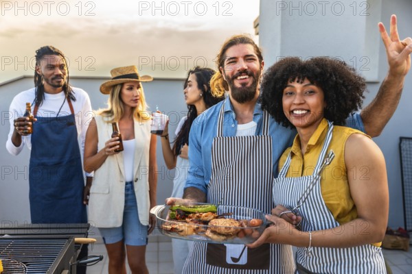 Chefs celebrating with friends on a rooftop, grilling delicious food, enjoying drinks, and sharing laughter during a vibrant summer evening