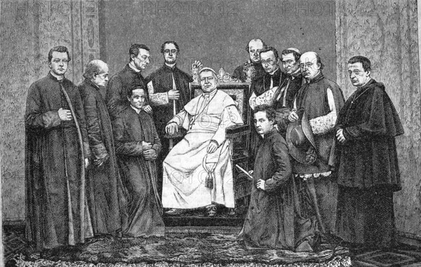 Pius IX, Giovanni Maria Mastai Ferretti (13 May 1792 to 7 February 1878) was the 255th pope from 1846 to 1878, here with his Familia pontificia, papal chamberlains, papal court, Historical, Reproduction from a 19th-century scene